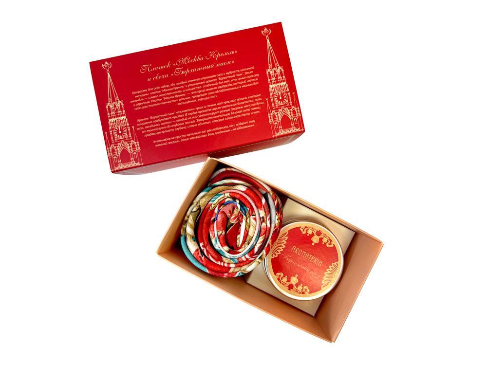 Картинка Набор: платок Кремль – Москва и свеча Бархатный пион купить в PR Gifts
